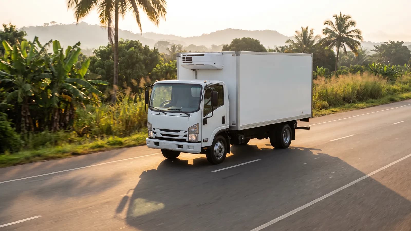 Refrigerated distribution truck on the road at sunrise
