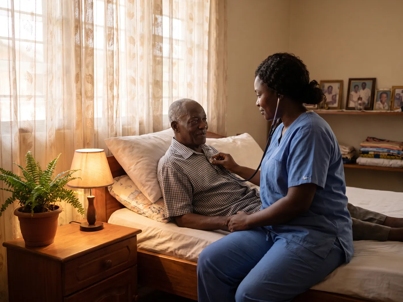 Nurse attending to an older patient receiving care at home