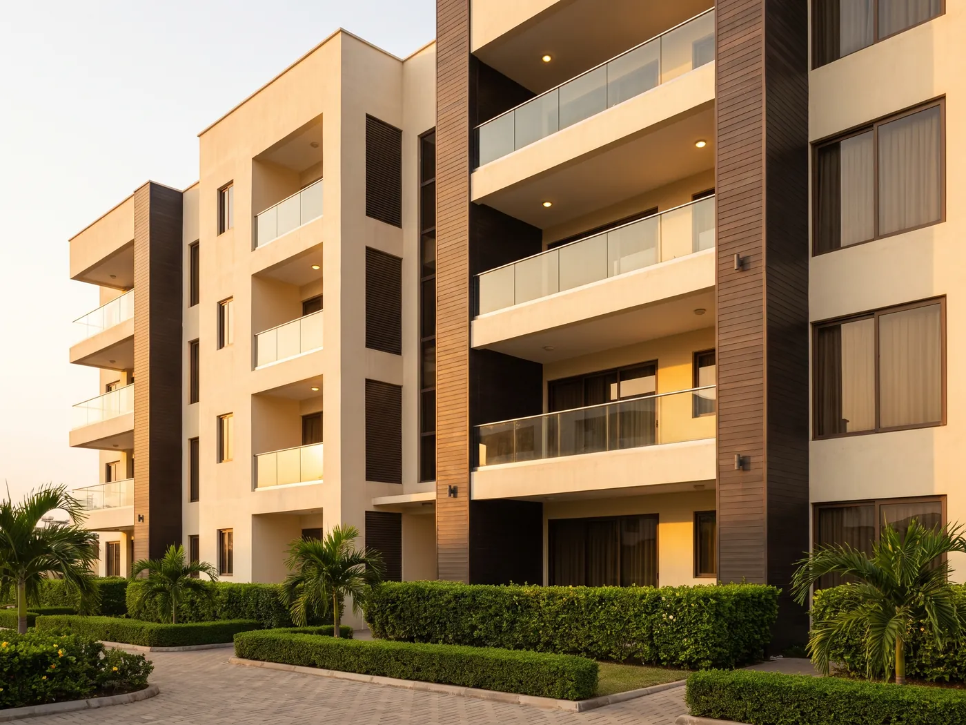 A newly completed residential apartment development at dusk