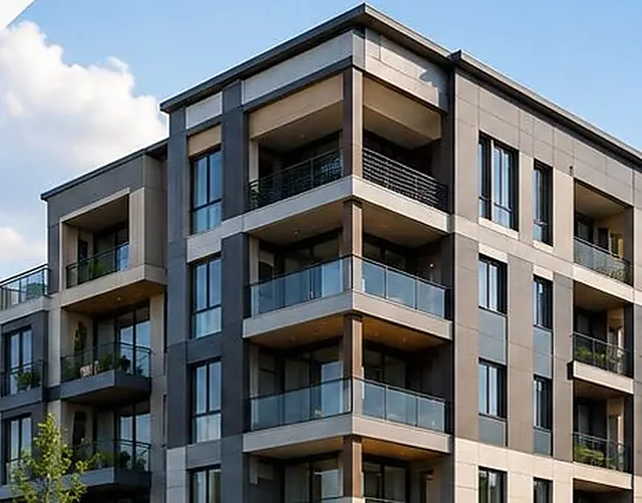 Contemporary residential apartment building with balconies and glass balustrades